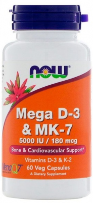 Витамины D-3 и K-2 Mega D-3 & MK-7 5000 ME 180 мкг NOW (60 вег капс)